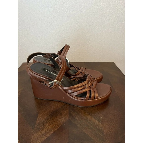 Vintage y2k 7.5M Platform Chunky Sandals Brown Leather Ankle Strap Via Spiga - Picture 2 of 6